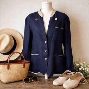 Vtg LODENFREY Austria 100% Linen Trachten Dirndl Jacket Navy Blue Women's L